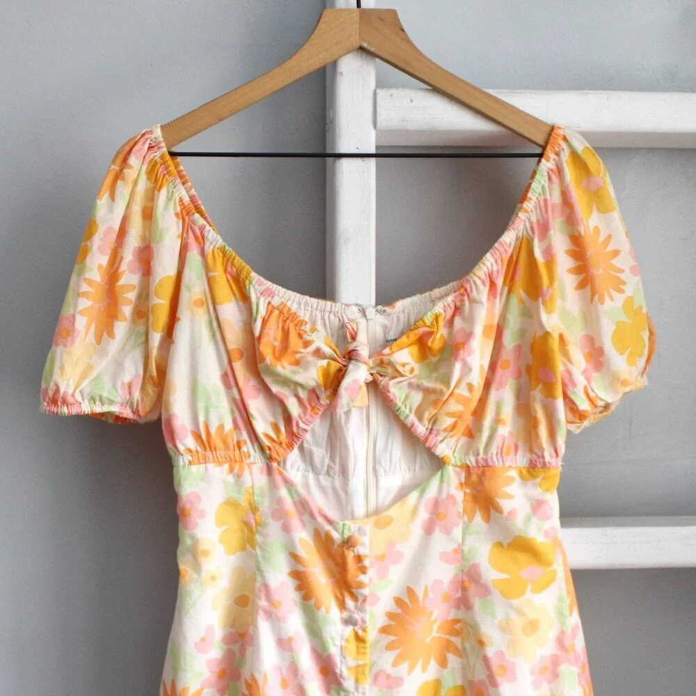 SABO Enga Dress Sunny Floral Orange Bust Cutout Puff Sleeve Mini Dess SZ Medium - Picture 6 of 8
